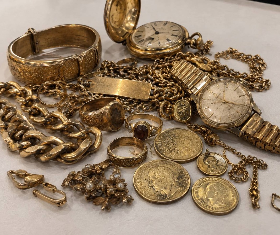 Altgold mit Schmuckketten, Ringen, Goldmünzen sowie Armband- und Taschenuhren auf einem hellen Tisch